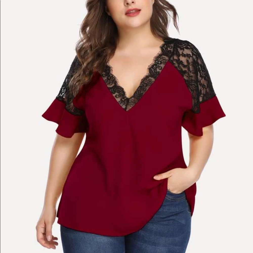 SHEIN / Burgundy Blouse w/Black Lace Detail